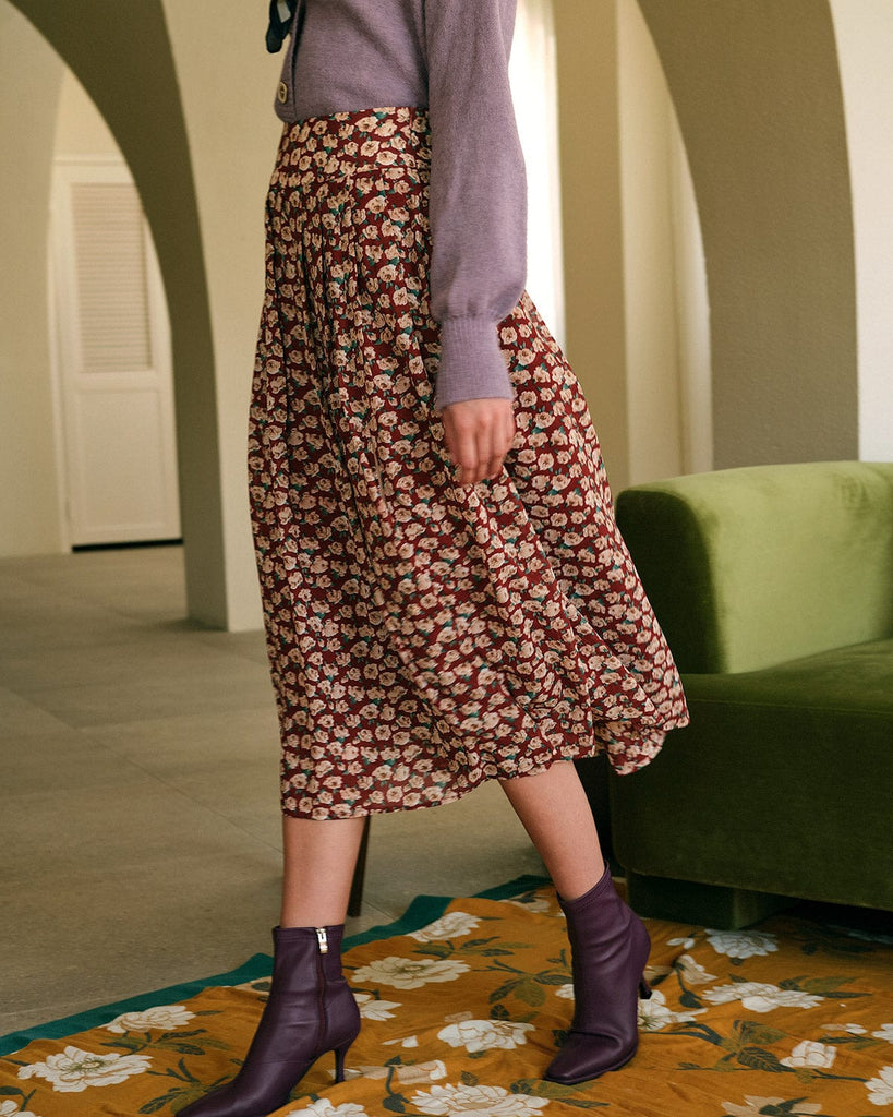 Floral Print Pleated Midi Skirt Bottoms - RIHOAS