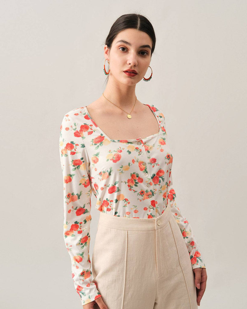 The Ribbed Floral Square Neck Knit Top - RIHOAS