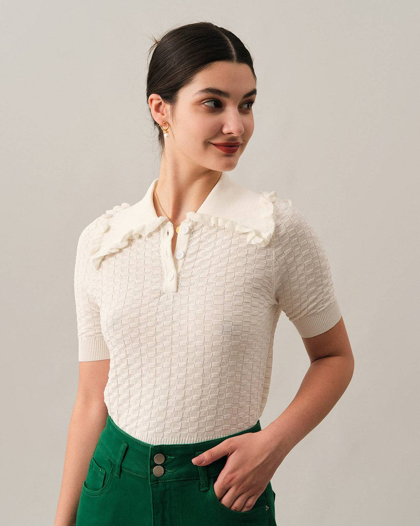 The Frill Trim Lapel Textured Knit Top - RIHOAS