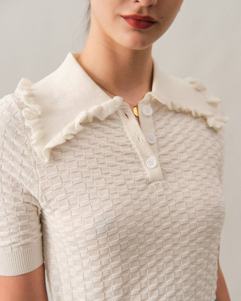The Frill Trim Lapel Textured Knit Top - RIHOAS