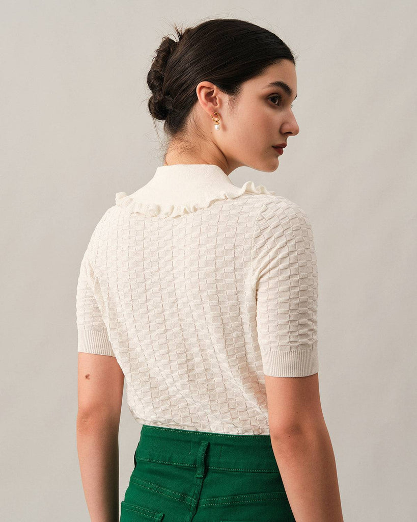 The Frill Trim Lapel Textured Knit Top - RIHOAS
