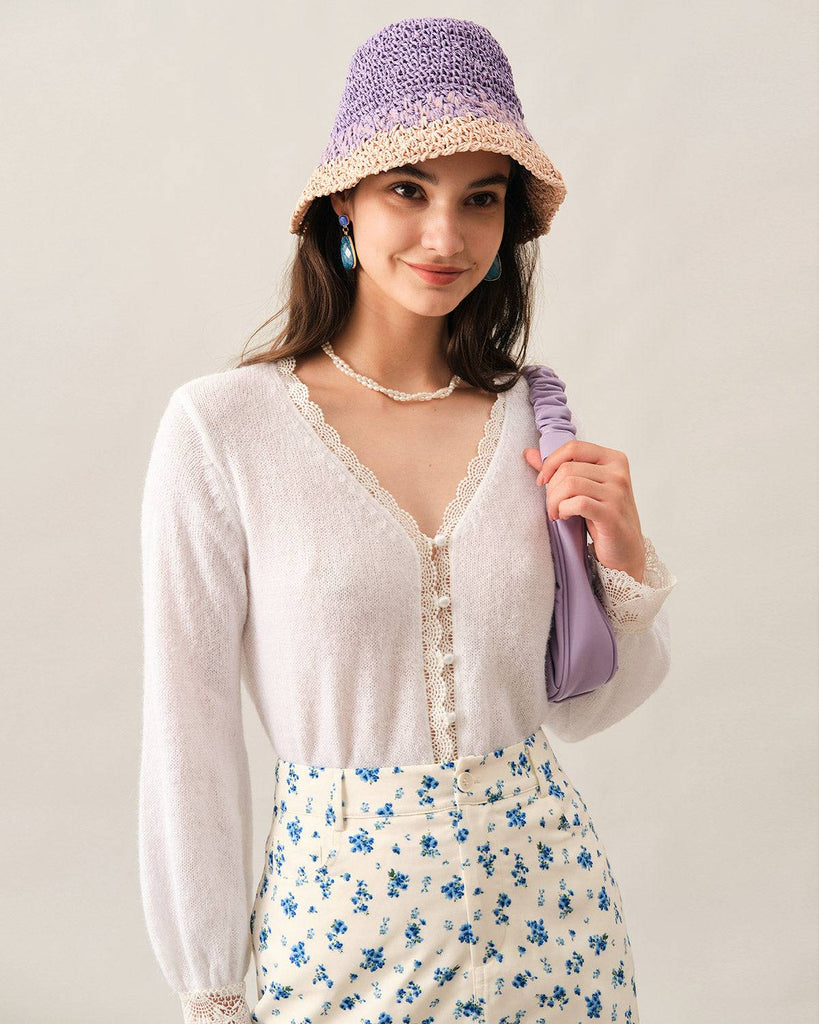 The Lace Trim Pearl Single-breasted Knit Top - RIHOAS