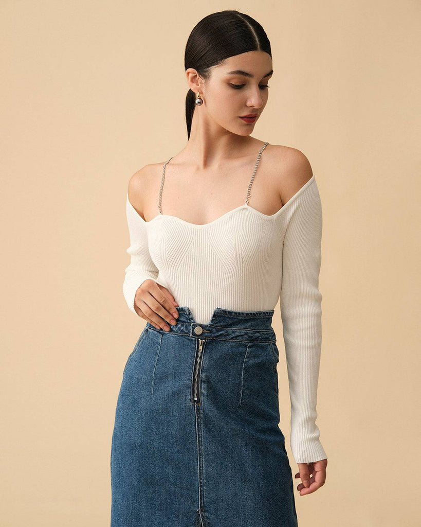 The Ribbed Chain Strap Long Sleeve Knit Top - RIHOAS