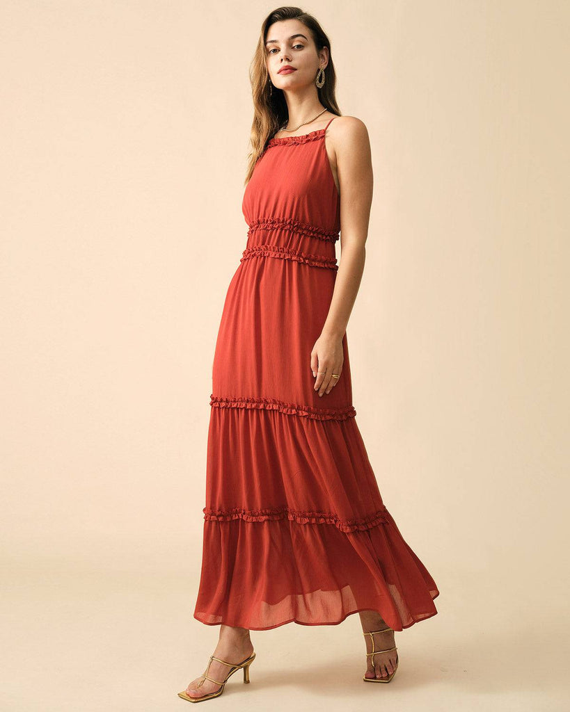 The Frill Trim Tiered Sling Maxi Dress - RIHOAS