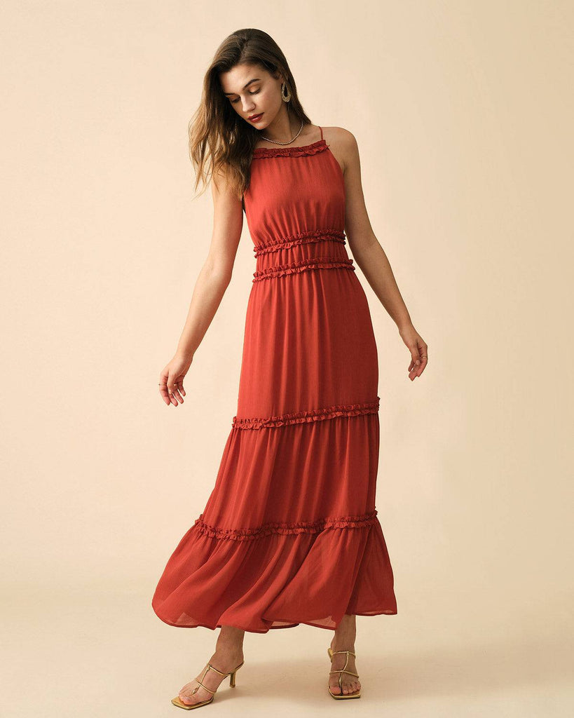 The Frill Trim Tiered Sling Maxi Dress - RIHOAS