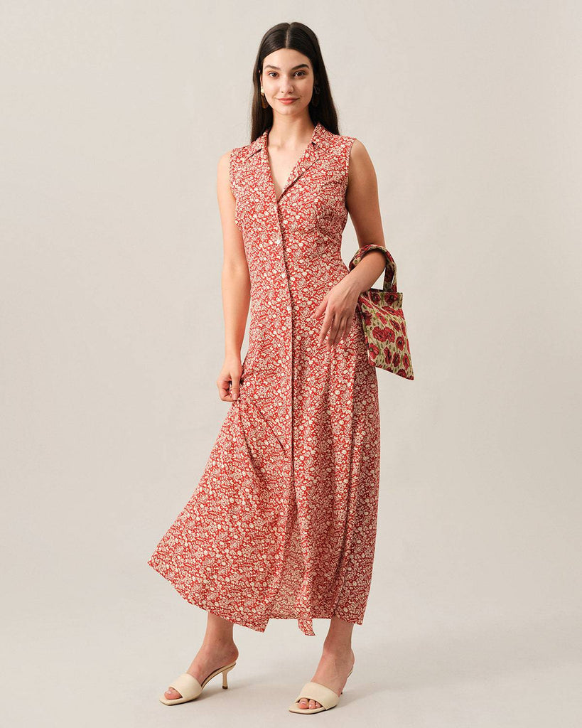 The Lapel Button-up Sleeveless Maxi Dress - RIHOAS