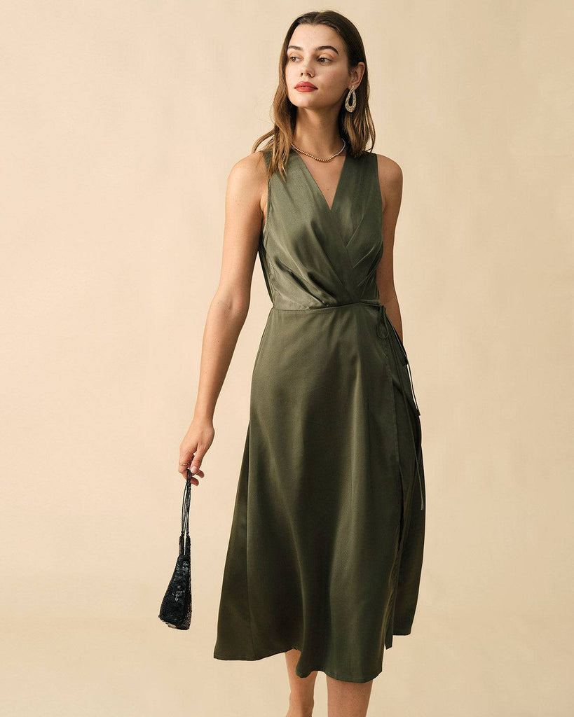 The Solid Sleeveless Wrap Midi Dress - RIHOAS