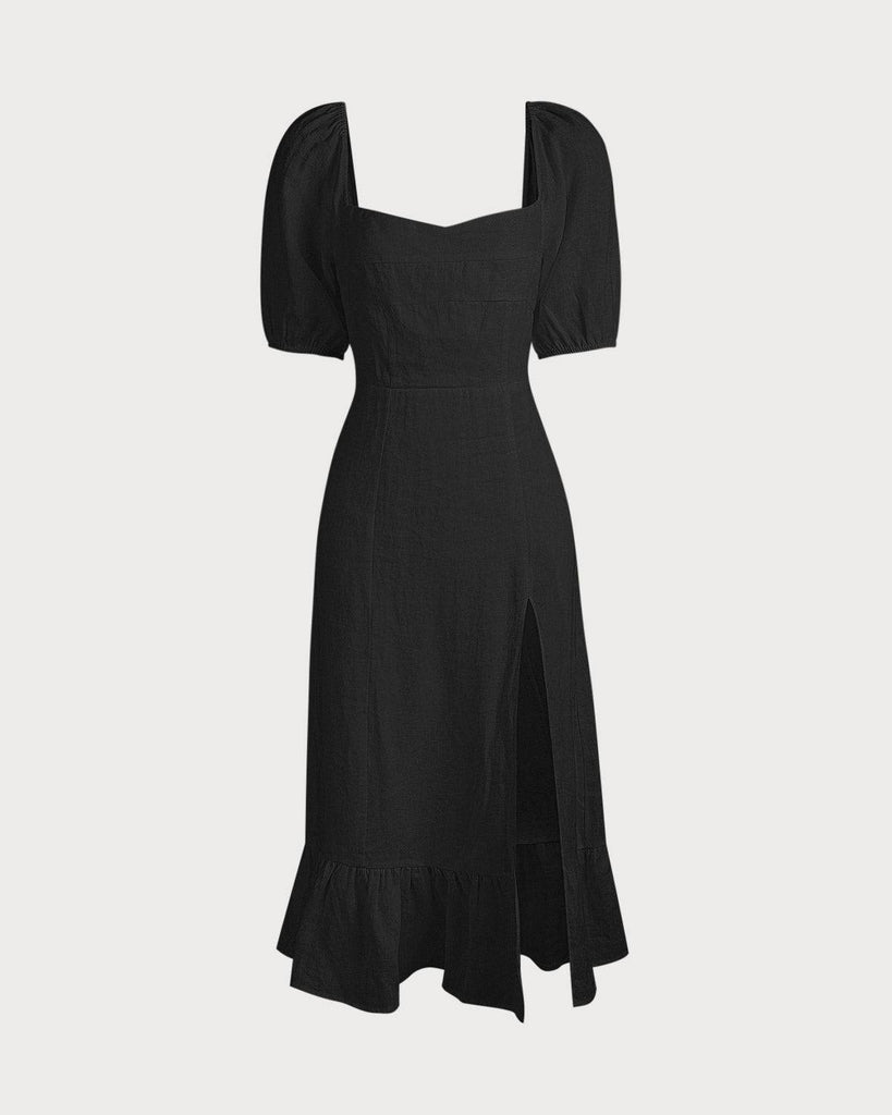 Puff Sleeve Split Hem Midi Dress - RIHOAS