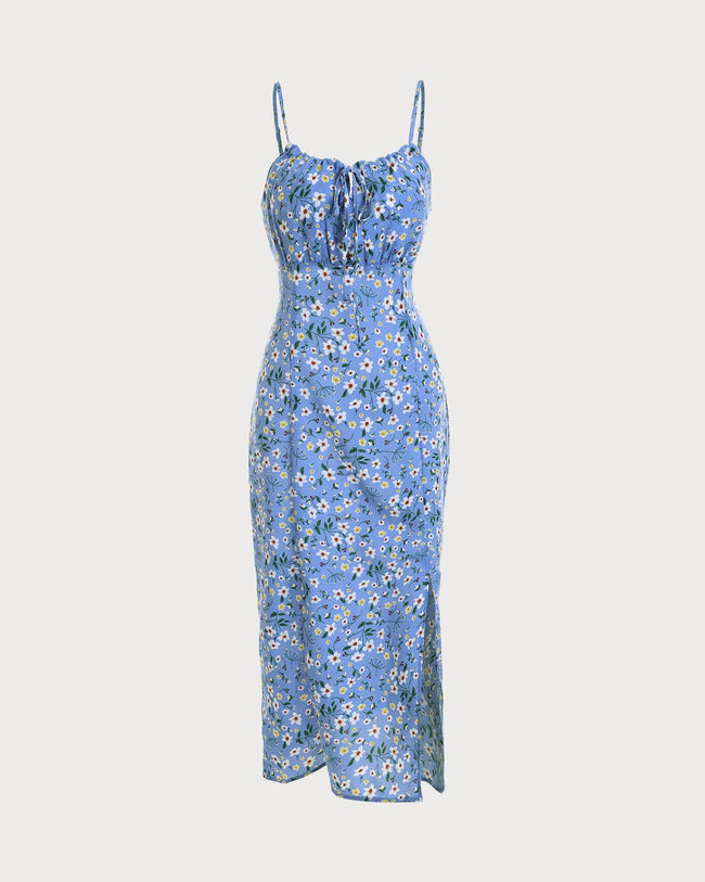 The Floral Tie Front Midi Dress & Reviews - Blue - Dresses | RIHOAS