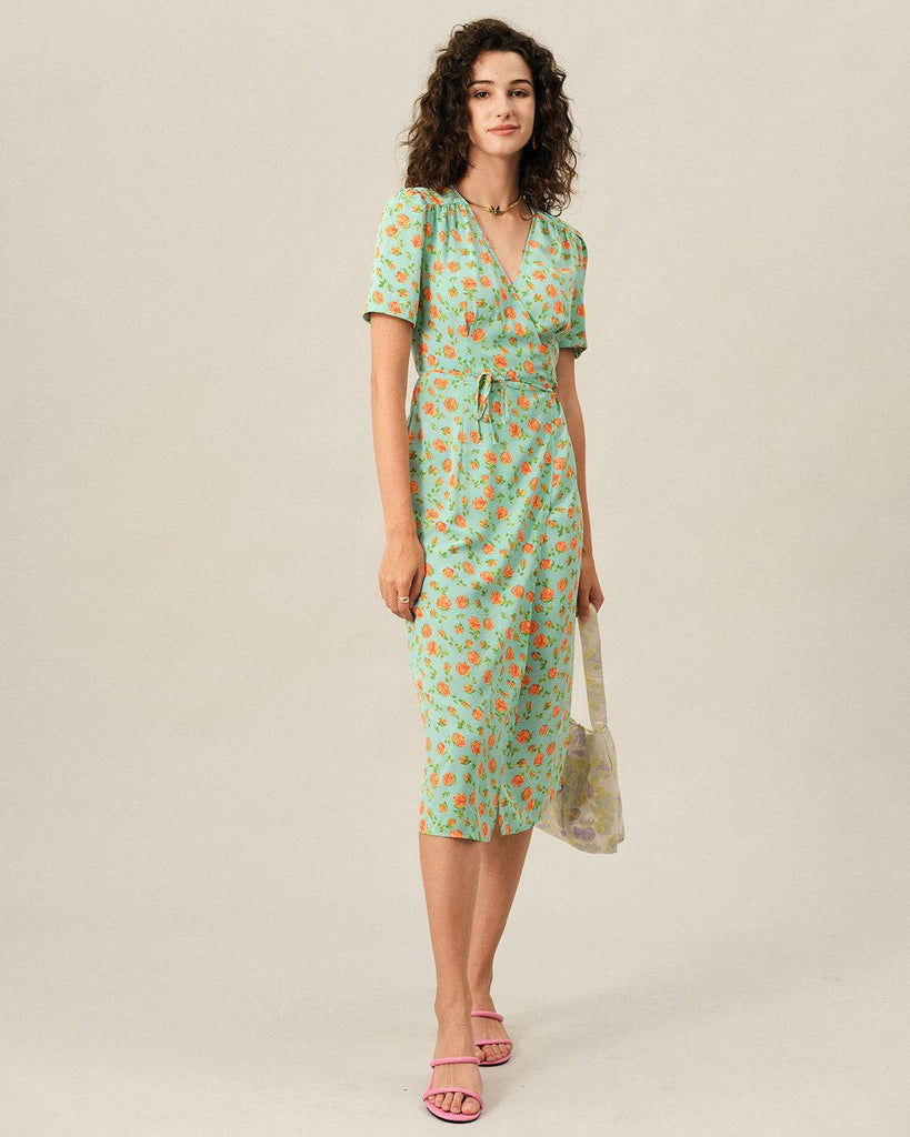 The V Neck Wrap Tie Waist Midi Dress - RIHOAS