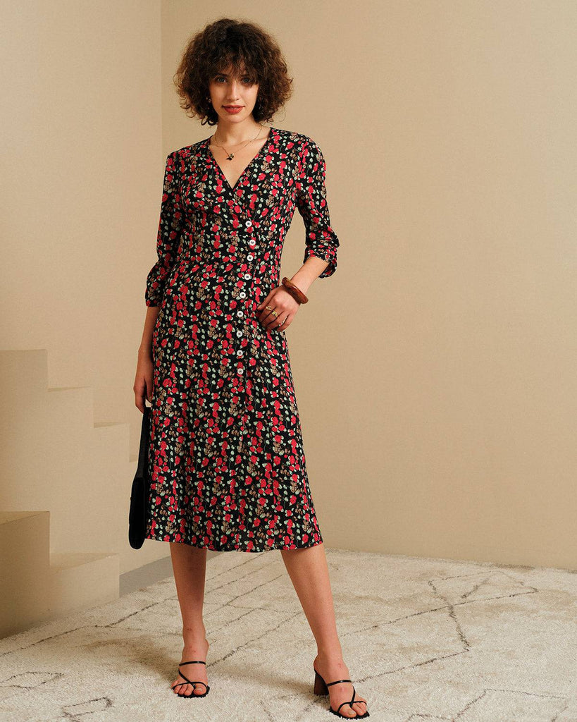 The V Neck Button Floral Midi Dress & Reviews - Multi - Dresses | RIHOAS