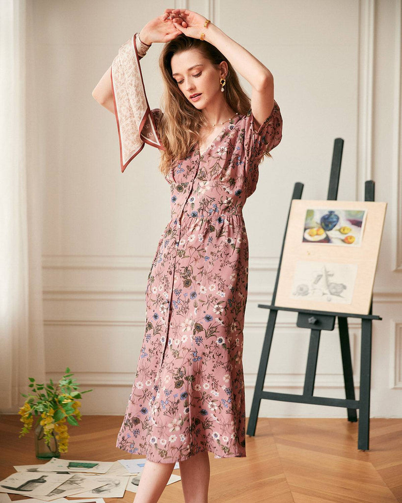The V Neck Puff Sleeve Retro Midi Dress - RIHOAS