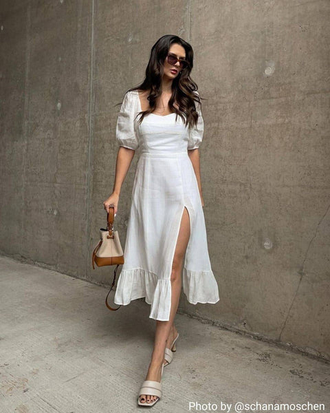 Women's Elegant Short Puff Sleeve Square Neck Side Slit Midi Dress, White / Xs