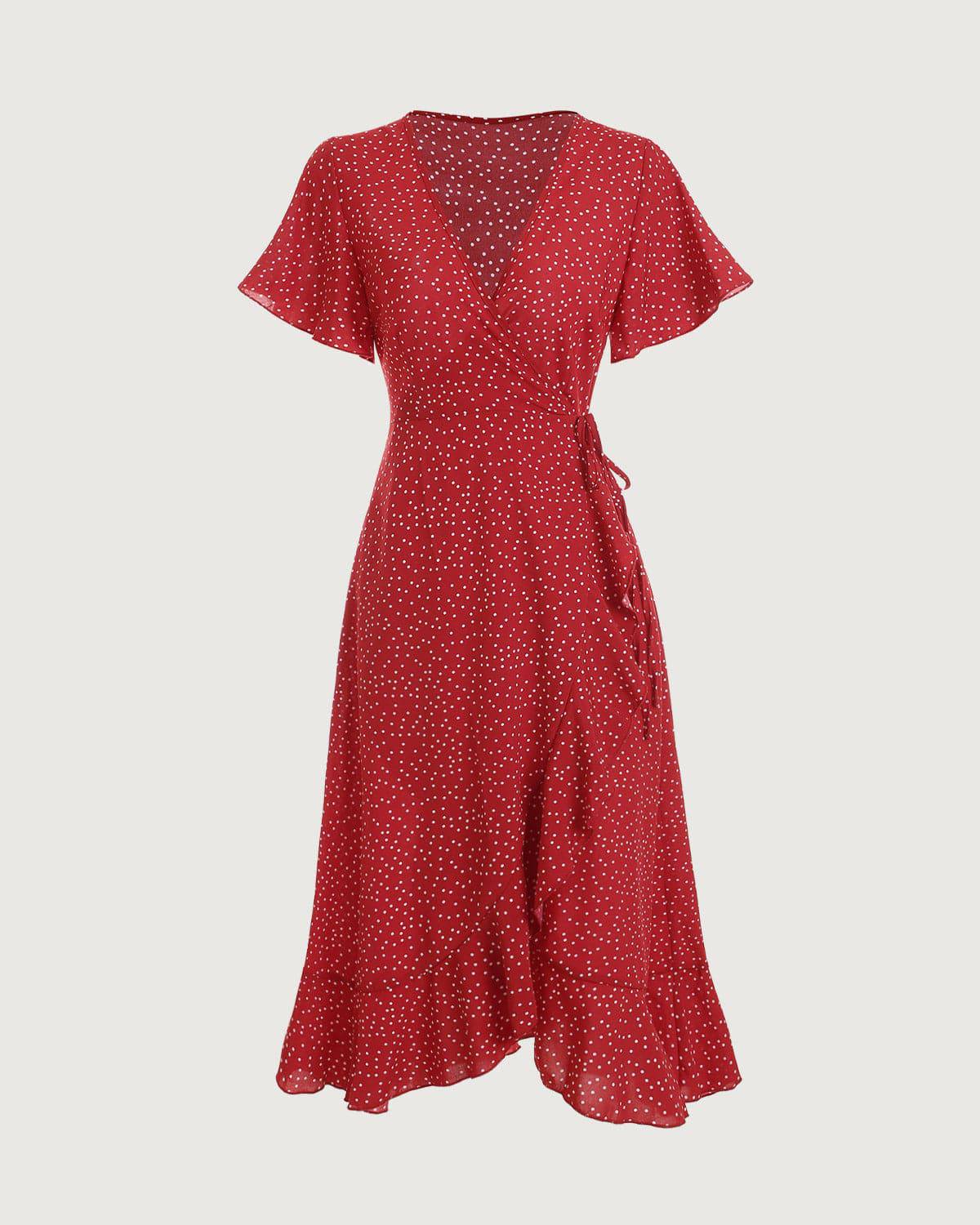 Women's Retro Polka Dot V Neck Short Sleeve Ruffle Wrap Midi Dress, Red / S Women's Retro Polka Dot V Neck Short Sleeve Ruffle Wrap Midi Dress, Red / S