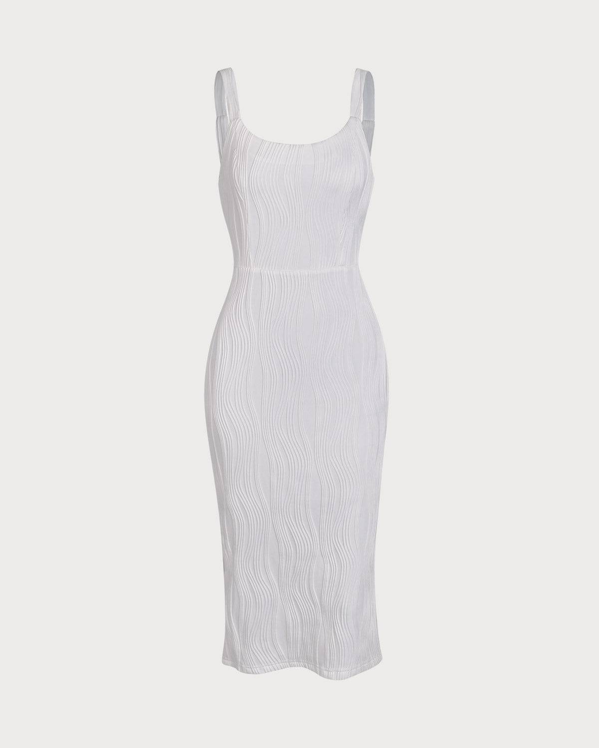 The Water Ripple Textured White Backless Midi Dress - White Backless ...