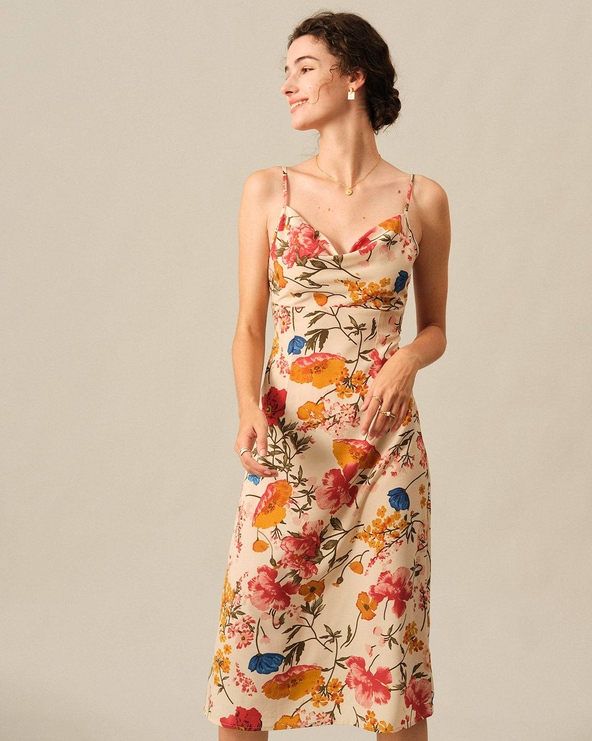 The Cowl Neck Suspender Midi Dress - Women's Cowel Neck Summer Dress -  Multi - Dresses