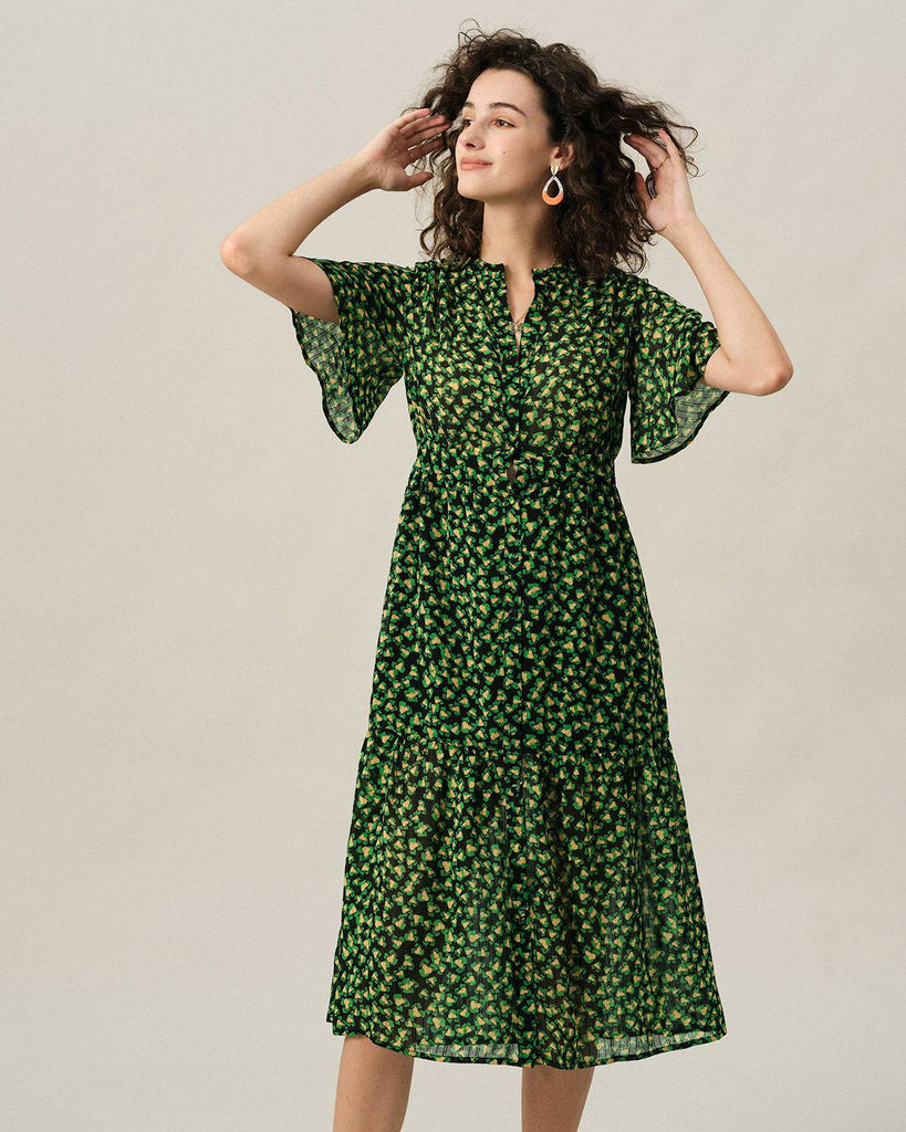 The Flare Sleeve Floral Midi Dress - RIHOAS