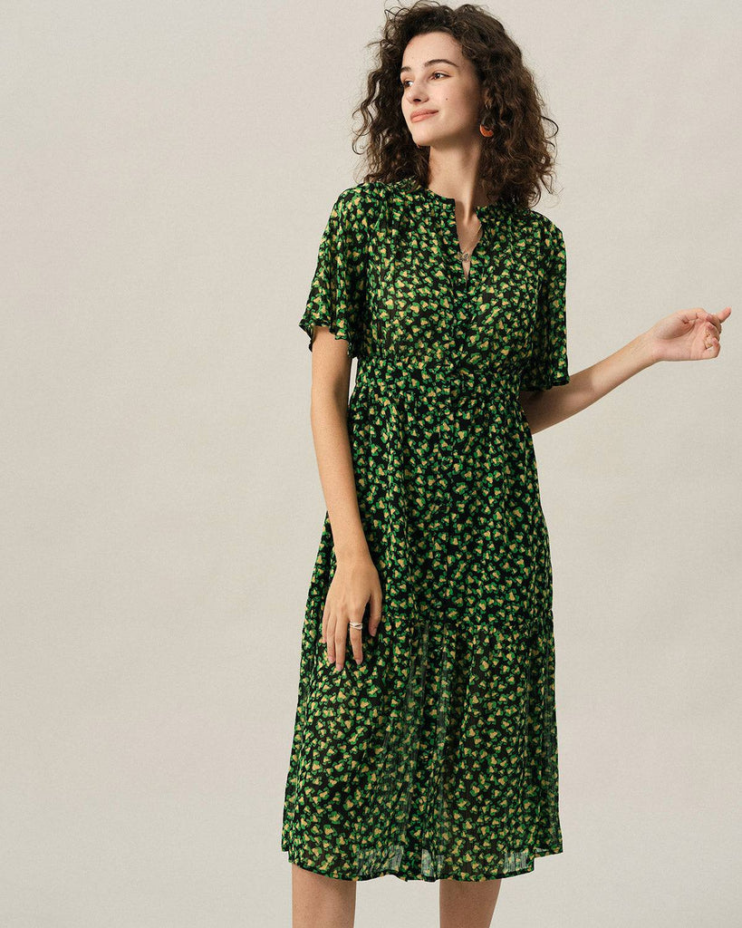 The Flare Sleeve Floral Midi Dress - RIHOAS