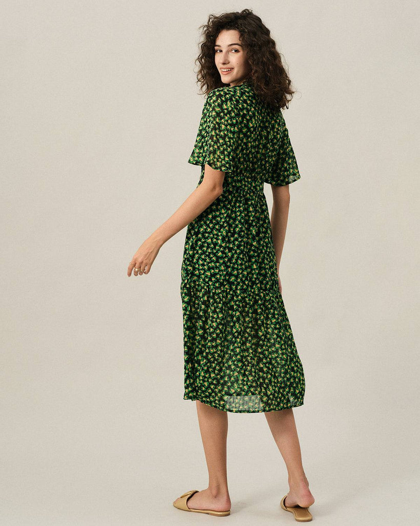 The Flare Sleeve Floral Midi Dress - RIHOAS