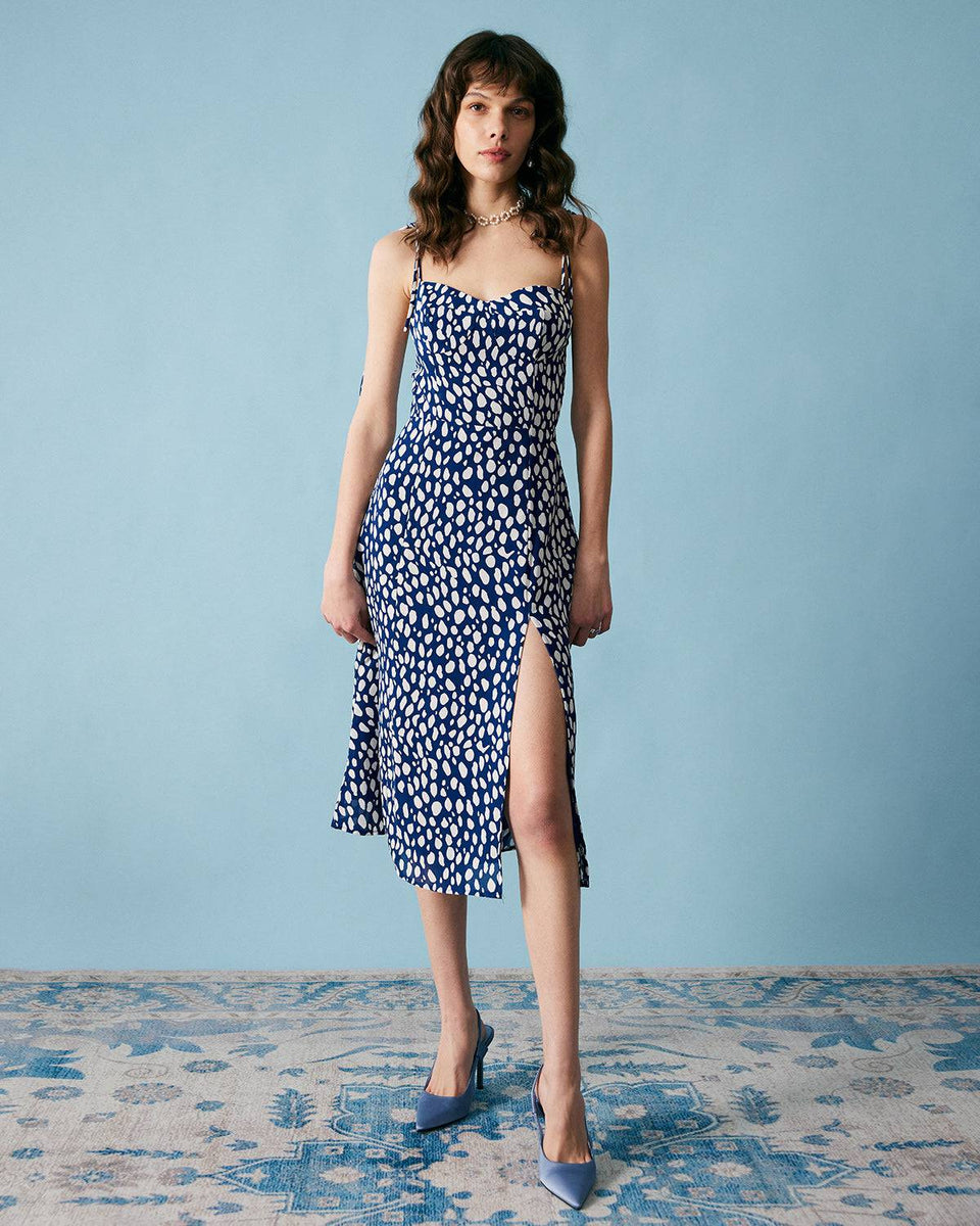 The Full Print Split Slip Dress & Reviews - White/ Blue - Dresses | RIHOAS