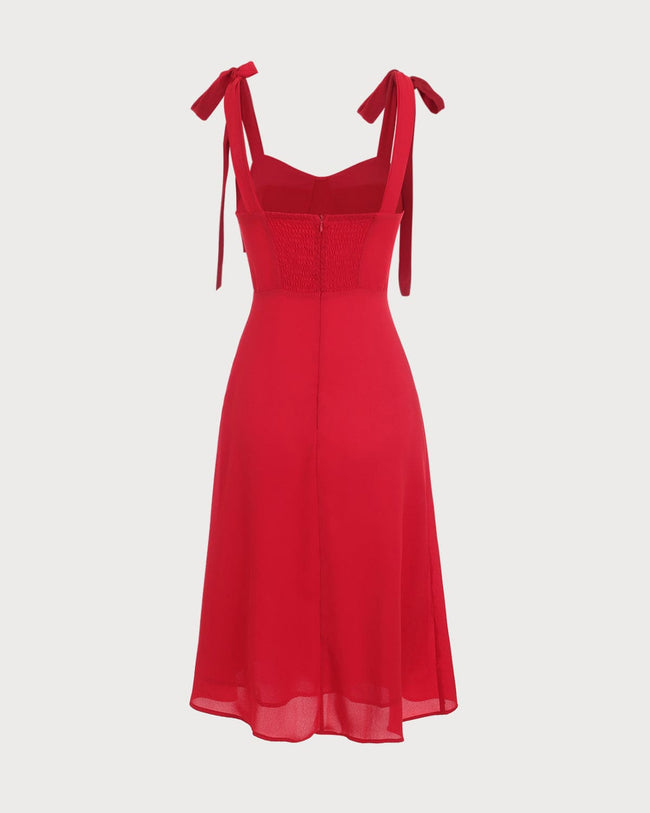 The Red Tie Strap Midi Dress - Red Tie Strap, Front Tie Sweetheart Neck ...