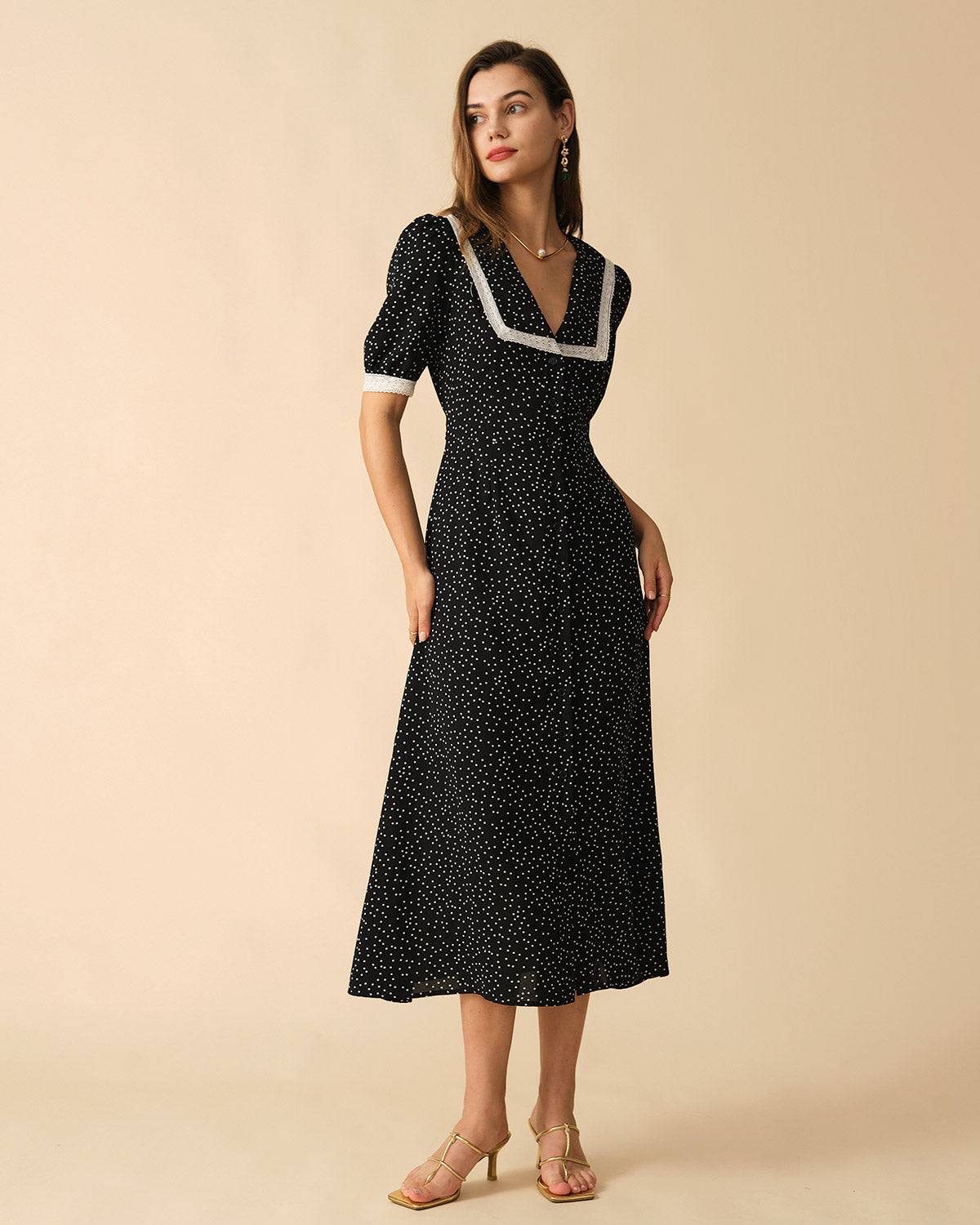 The Polka Dot Lace Trim Midi Dress - Black Lace Sleeves Polka Dot ...