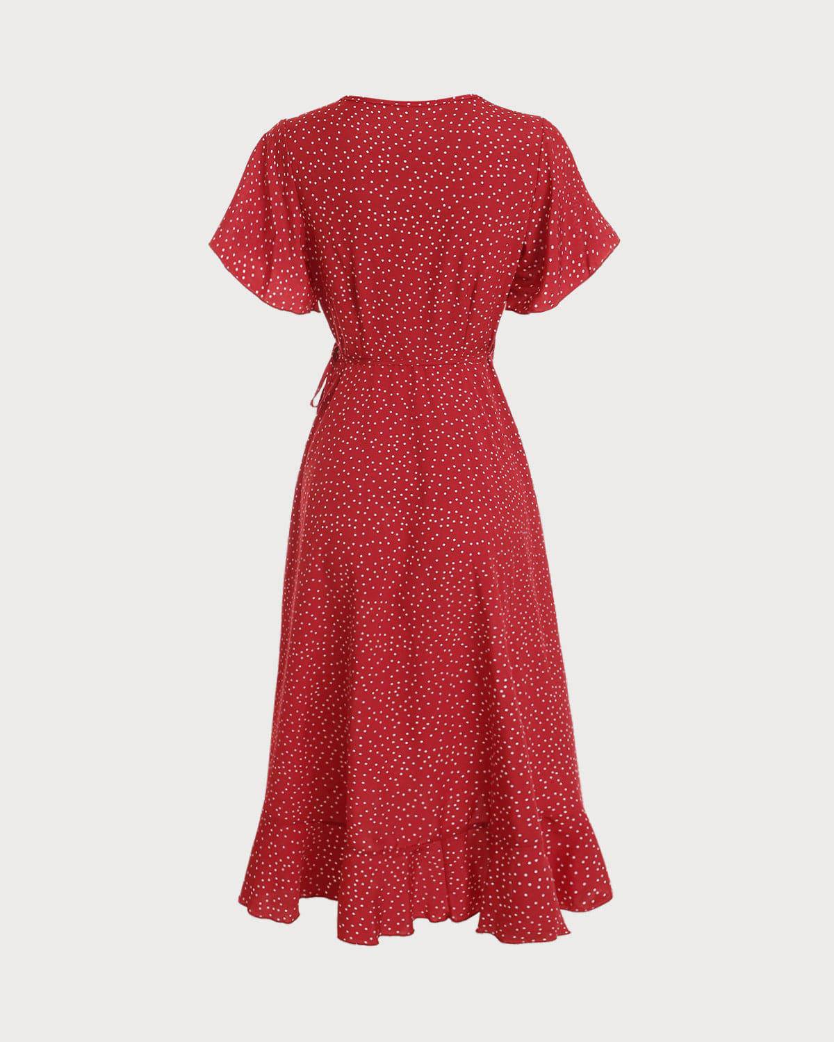 The Polka Dot Ruffle Wrap Dress - Red Women's Casual Wrap Dress, Stylish- Red - Dresses | RIHOAS The Polka Dot Ruffle Wrap Dress - Red Women's Casual Wrap Dress, Stylish- Red - Dresses | RIHOAS