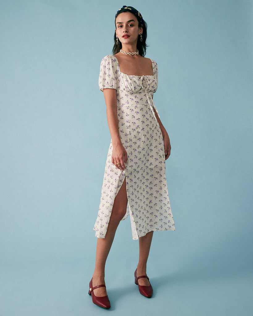 The Short Sleeve Floral Ruched Midi Dress - RIHOAS