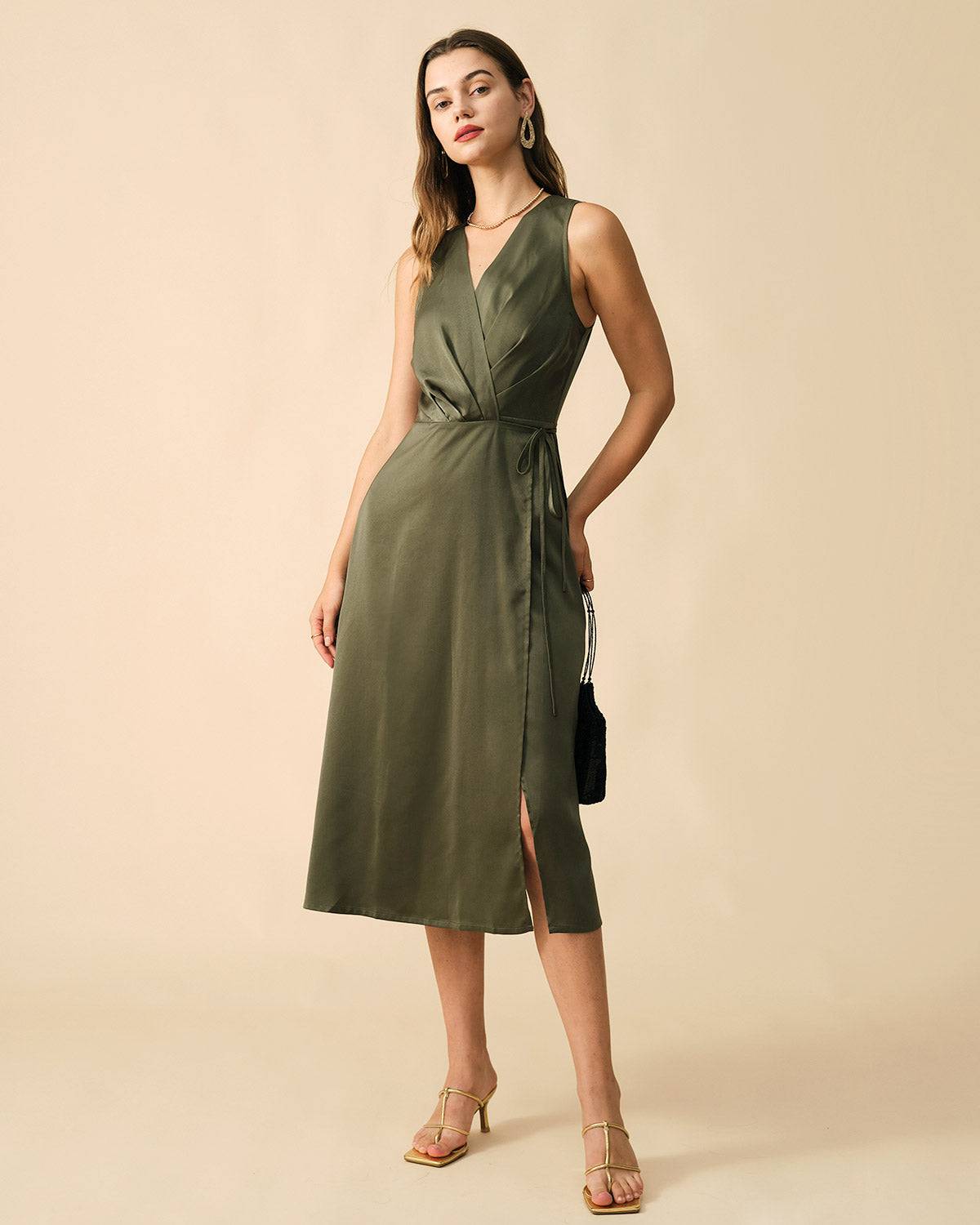 The Solid Sleeveless Wrap Midi Dress