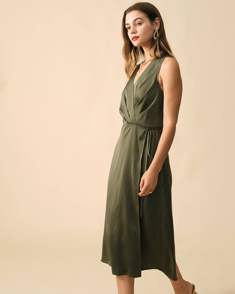 The Solid Sleeveless Wrap Midi Dress - RIHOAS