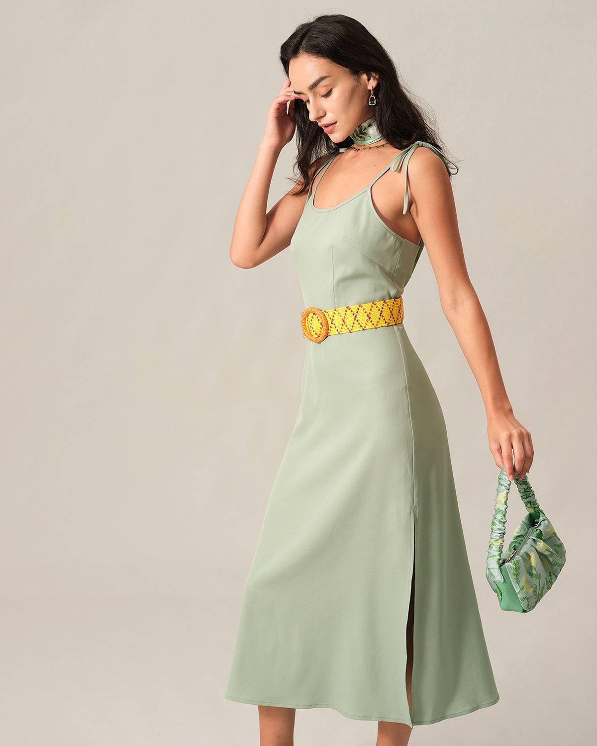 The Solid Tie Strap Midi Dress & Reviews - Green - Dresses | RIHOAS