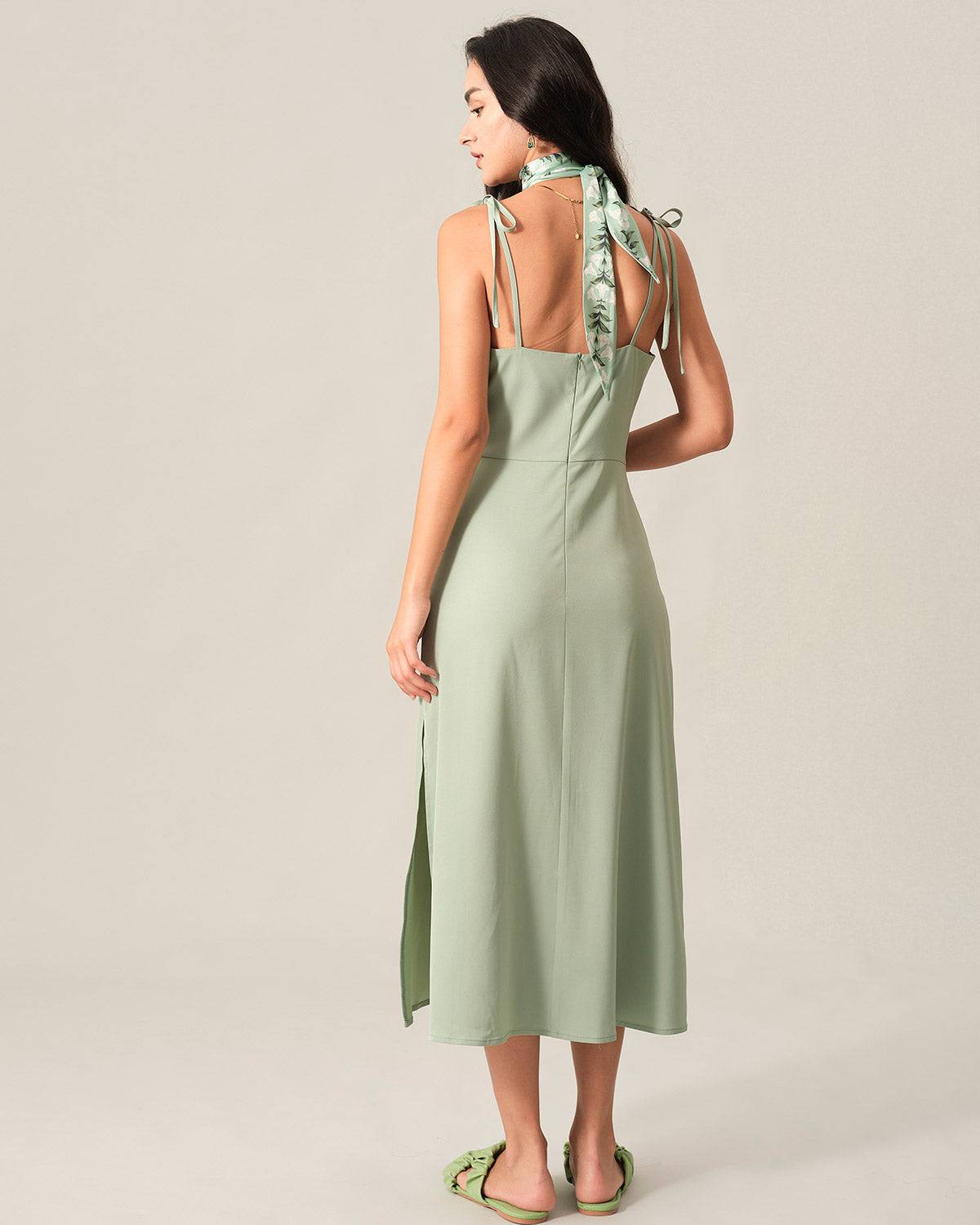 The Solid Tie Strap Midi Dress & Reviews - Green - Dresses | RIHOAS