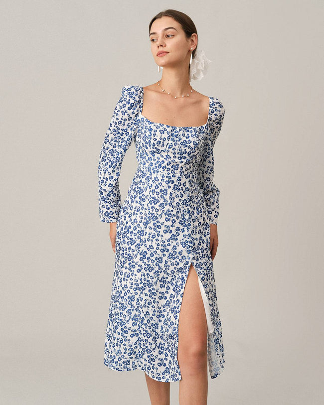 The Square Neck Side Split Midi Dress Women s Long Sleeve Floral