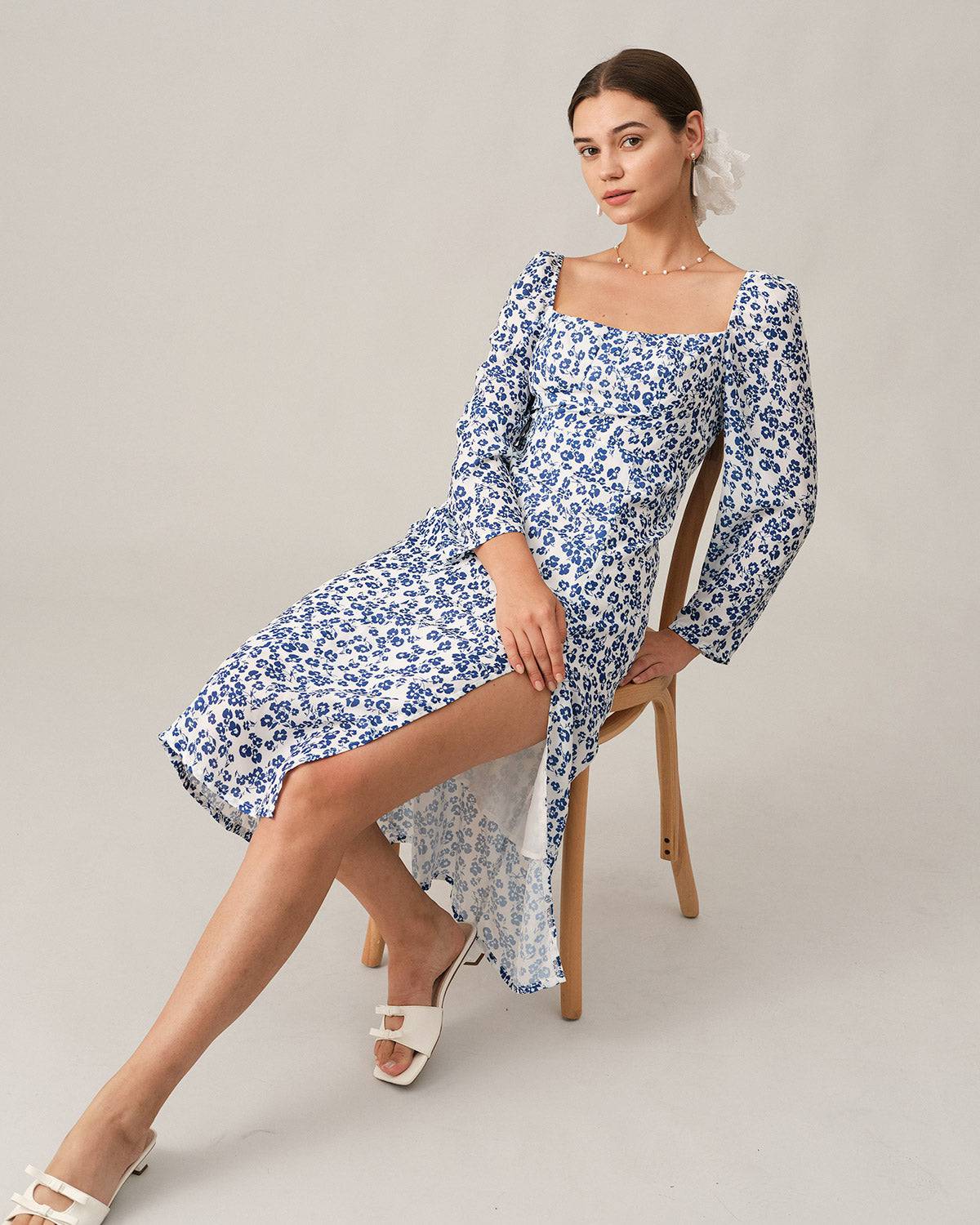 The Square Neck Long Sleeve Midi Dress