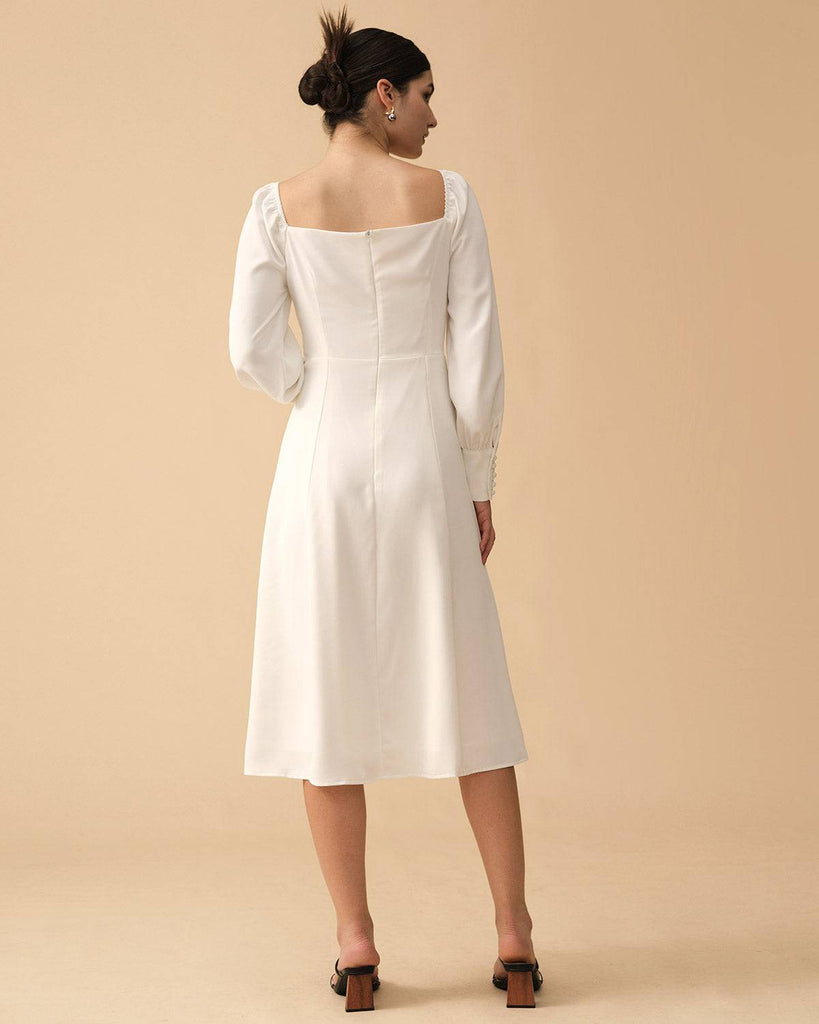 The Square Neck Long Sleeve Slit Midi Dress - RIHOAS