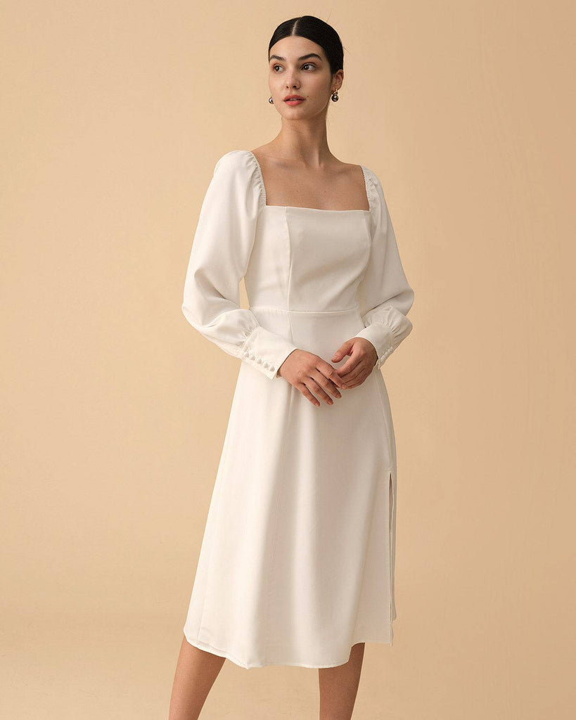 The Square Neck Long Sleeve Slit Midi Dress - RIHOAS
