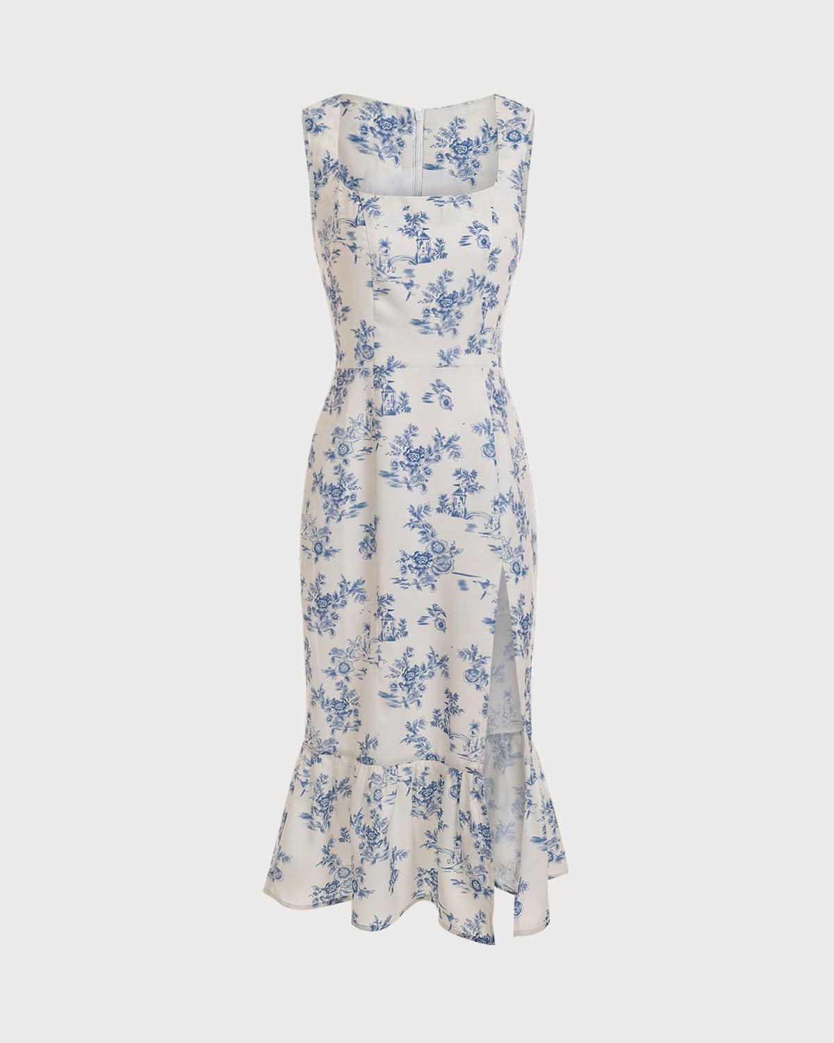 Square Neck Ruffle Trim Midi Dress - Women's Sleeveless Floral Print ...