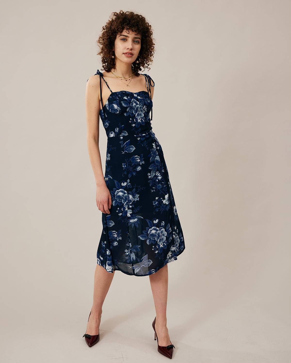 The Tie Strap Floral Split Dress & Reviews - Navy Blue - Dresses | RIHOAS