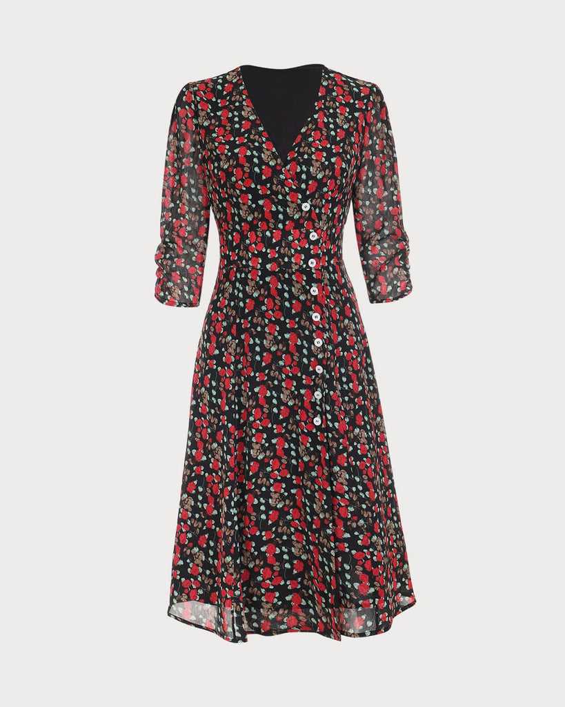 The V Neck Button Floral Midi Dress & Reviews - Multi - Dresses | RIHOAS