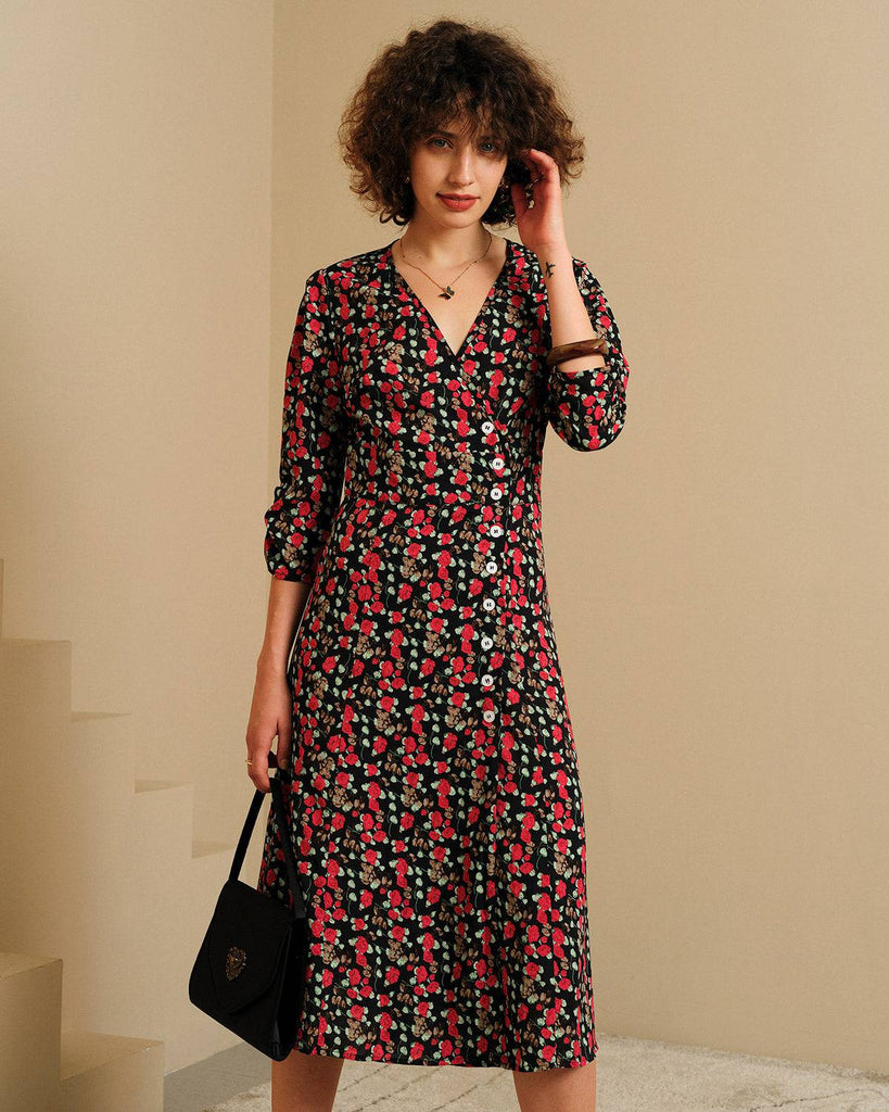 The V Neck Button Floral Midi Dress - RIHOAS