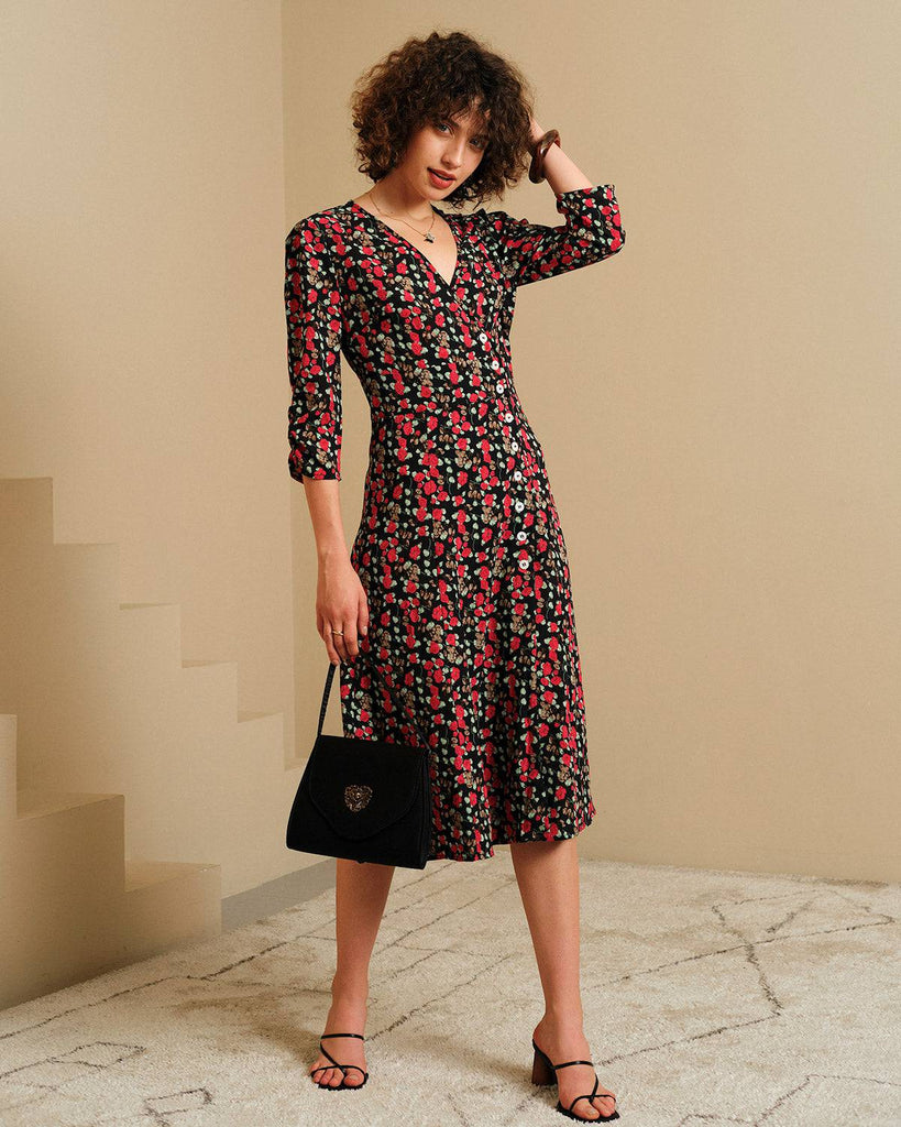 The V Neck Button Floral Midi Dress - RIHOAS