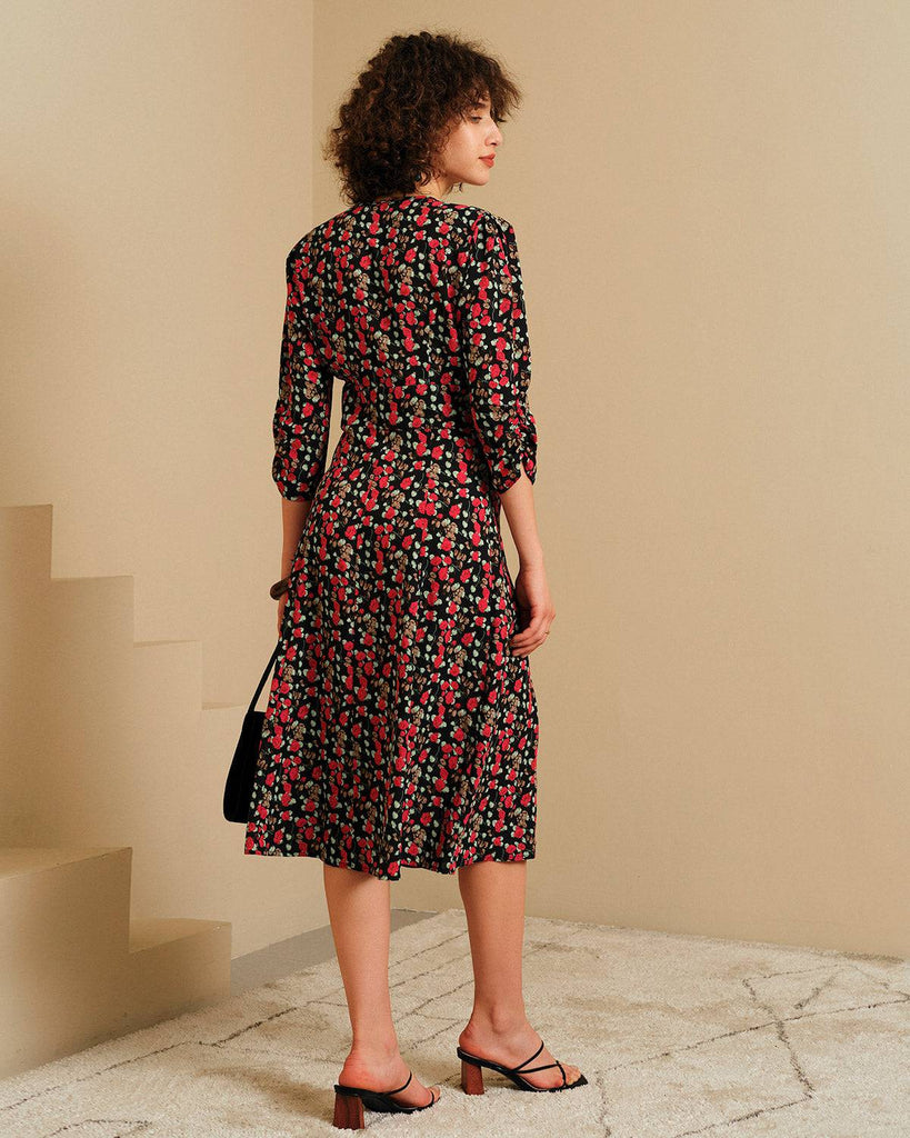 The V Neck Button Floral Midi Dress - RIHOAS