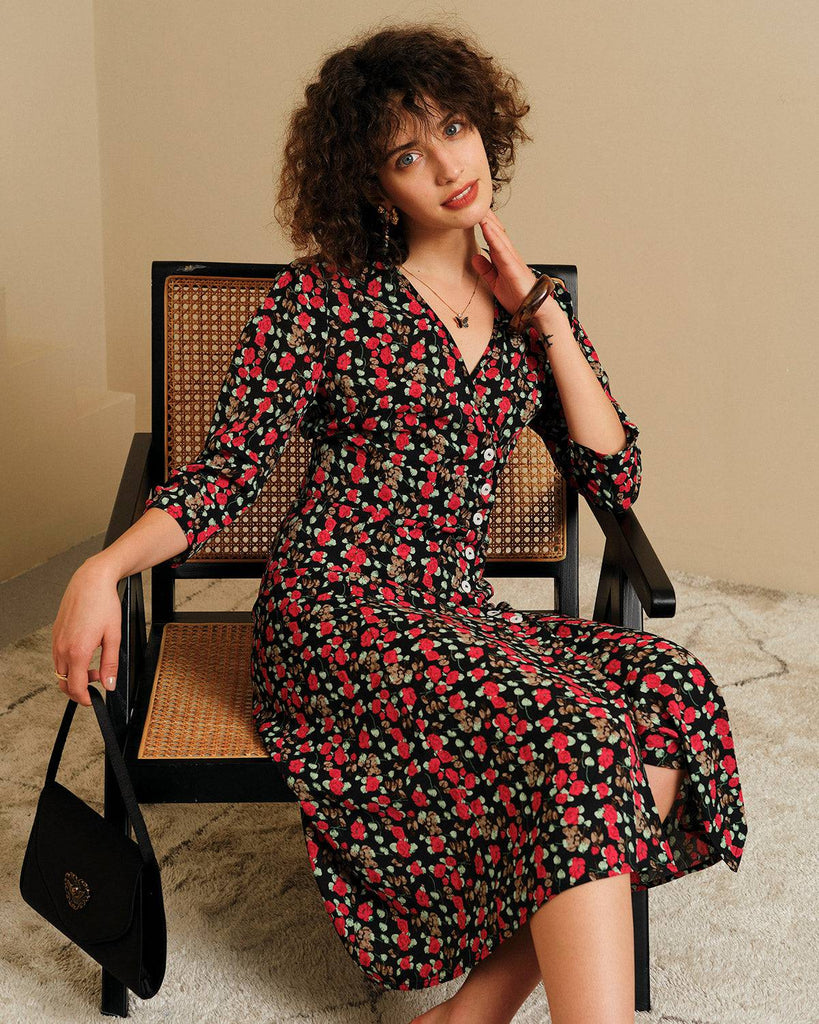 The V Neck Button Floral Midi Dress - RIHOAS