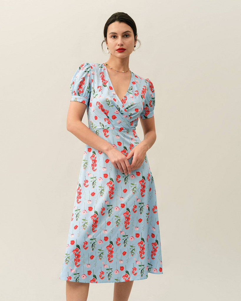 The V Neck Puff Sleeve Floral Midi Dress - RIHOAS