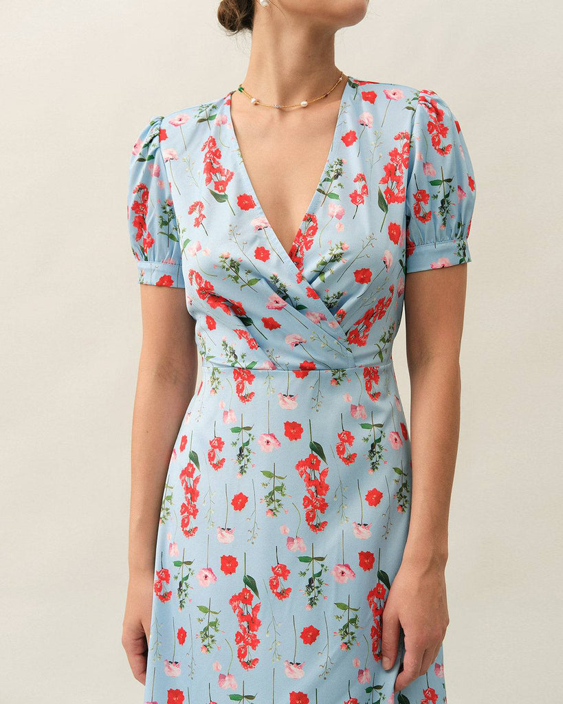 The V Neck Puff Sleeve Floral Midi Dress - RIHOAS