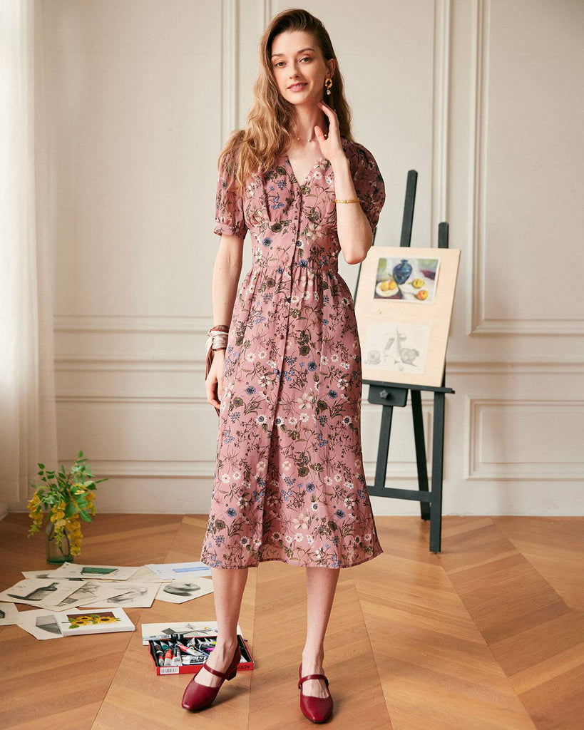 The V Neck Puff Sleeve Retro Midi Dress - RIHOAS