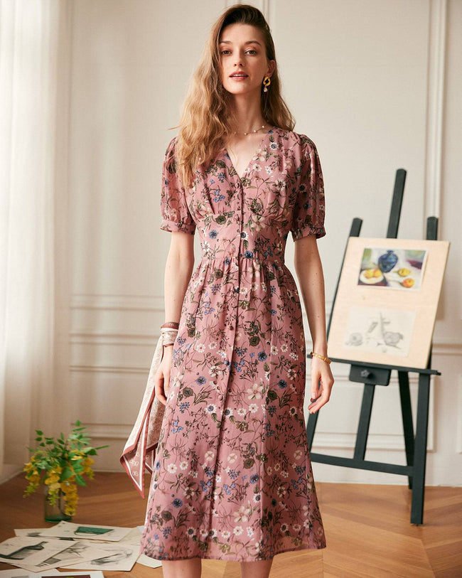 The V Neck Floral Midi Dress Women s Puff Sleeve V Neck Floral