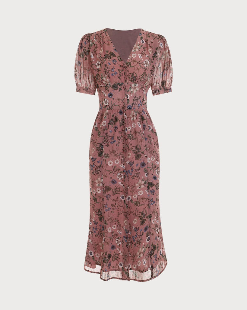 The V Neck Puff Sleeve Retro Midi Dress - RIHOAS