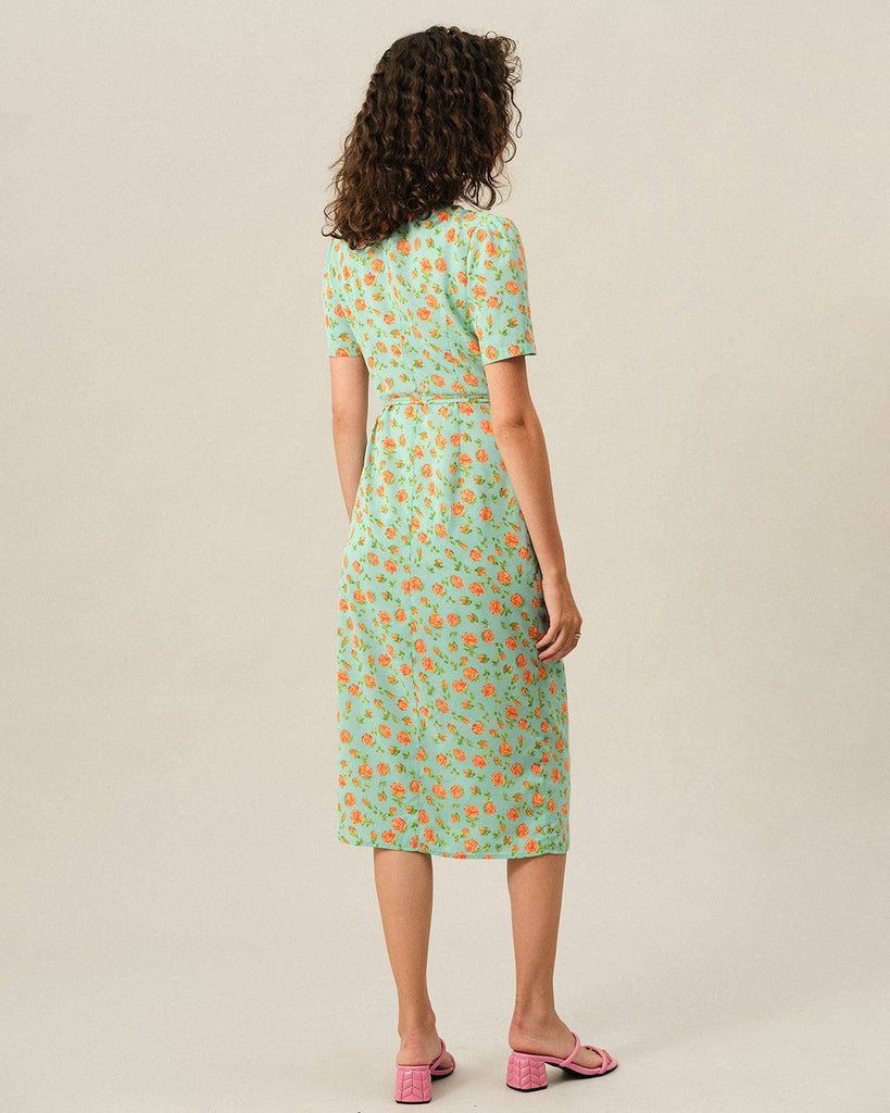The V Neck Wrap Tie Waist Midi Dress - RIHOAS