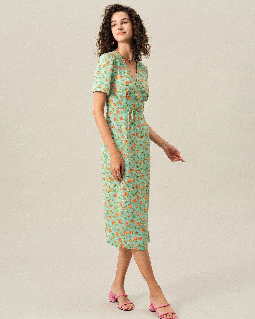 The V Neck Wrap Tie Waist Midi Dress - RIHOAS